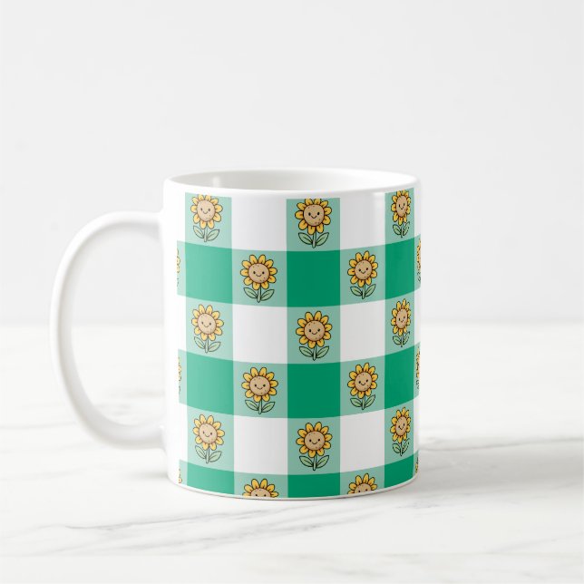 Grönt Gingham och Gula Solrosor Kaffemugg (Vänster)