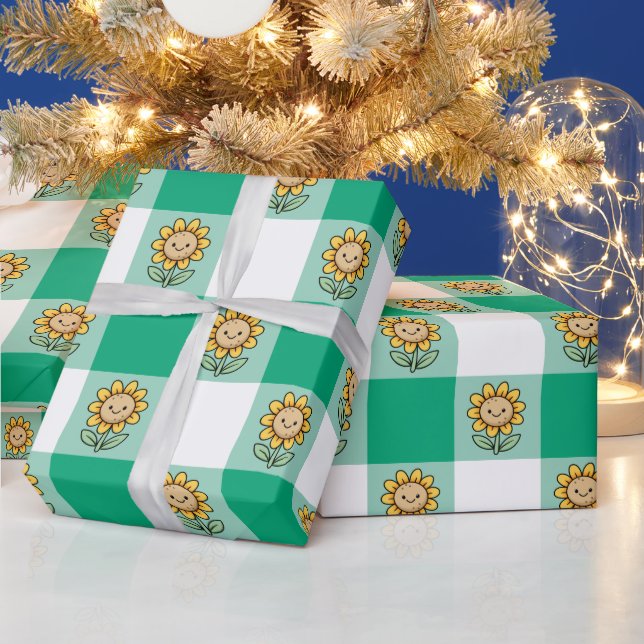 Grönt Gingham och Gula Solrosor Presentpapper (Helgdagar)
