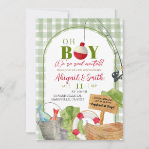 Grönt Gingham Oh Boy Fishing Baby Shower Inbjudningar