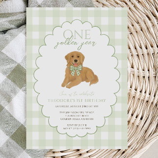 Grönt Gingham One Golden Year First Birthday Puppy Inbjudningar