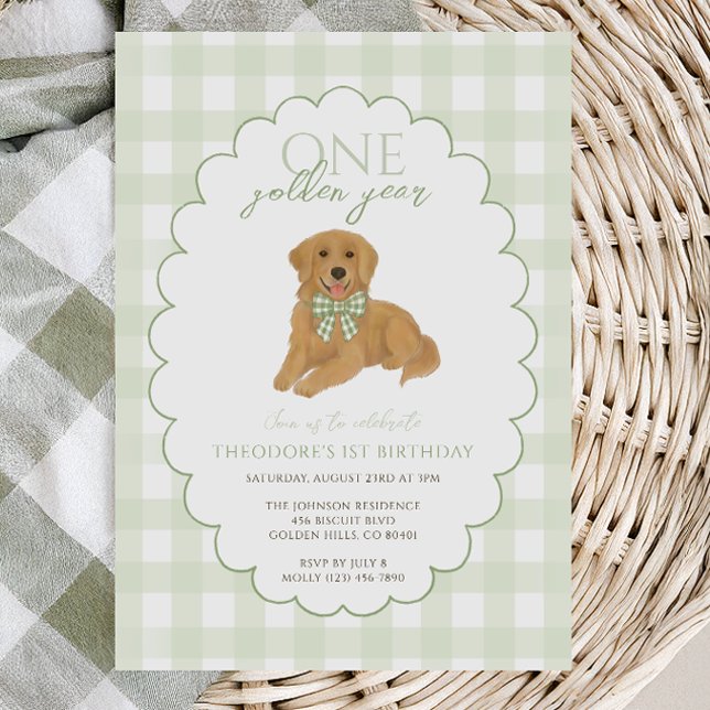 Grönt Gingham One Golden Year First Birthday Puppy Inbjudningar (Skapare uppladdad)