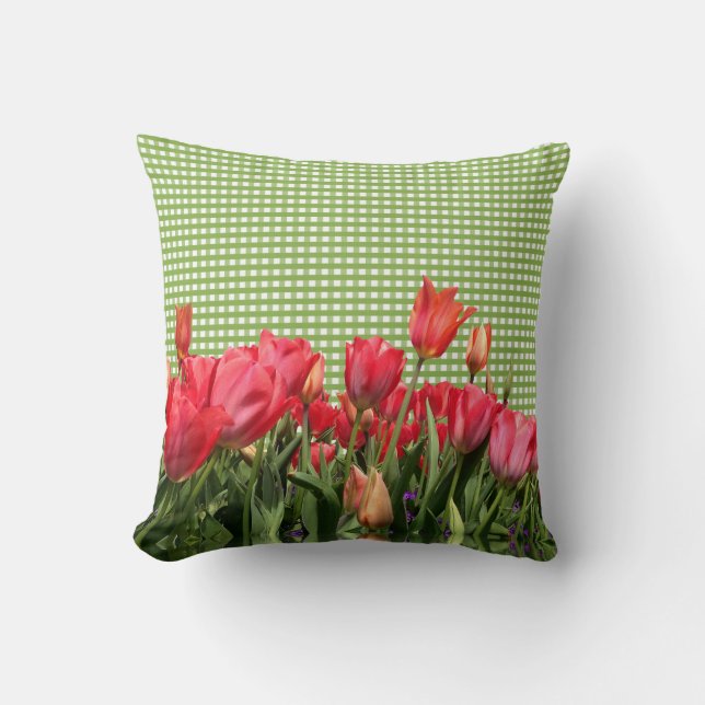Grönt Gingham & Red Tulips Pillow Kudde (Framsida)