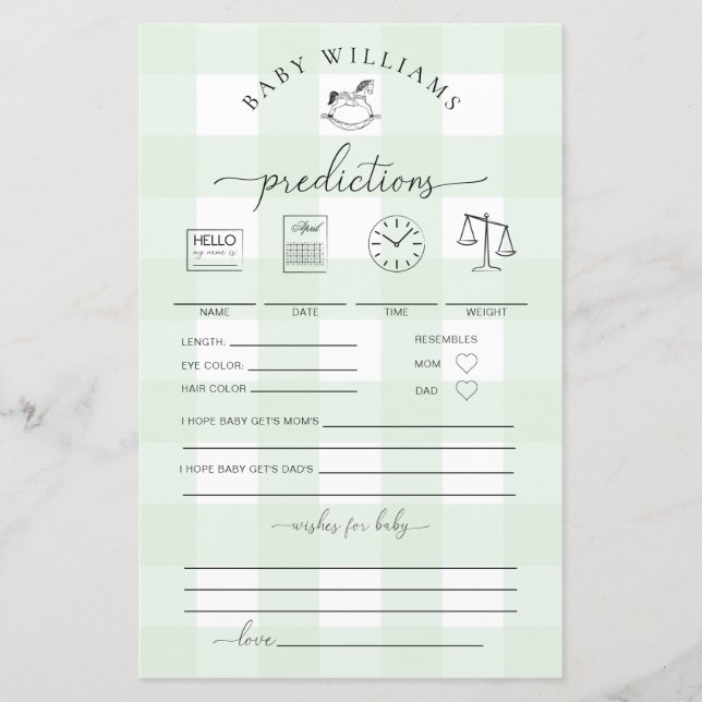 Grönt Gingham Rocking Horse Baby Predictions Game (Framsida)