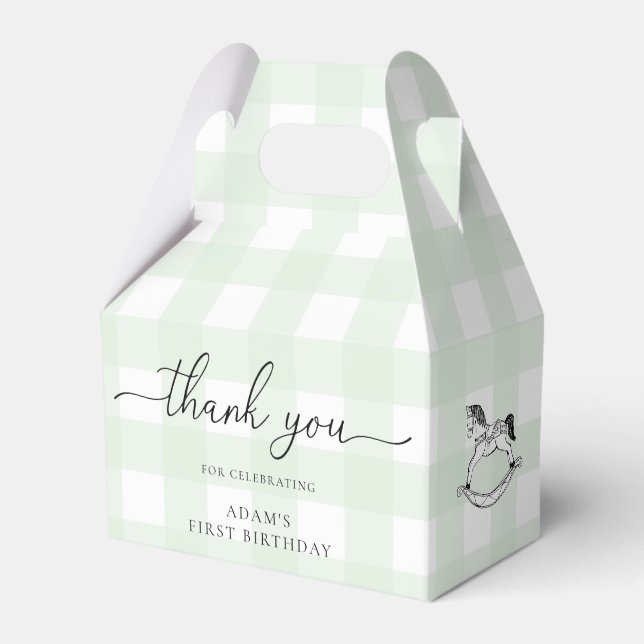 Grönt Gingham Rocking Horse Tack Favor Box Presentaskar (Framsidan Sidan)