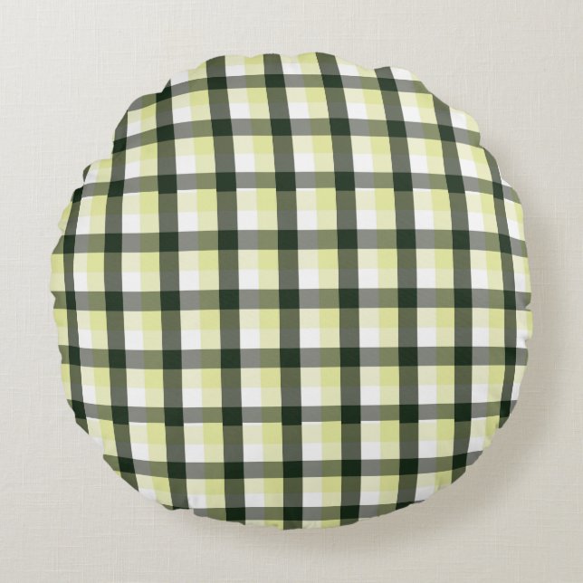 Grönt gingham-rutigt mönster rund kudde (Framsidan)