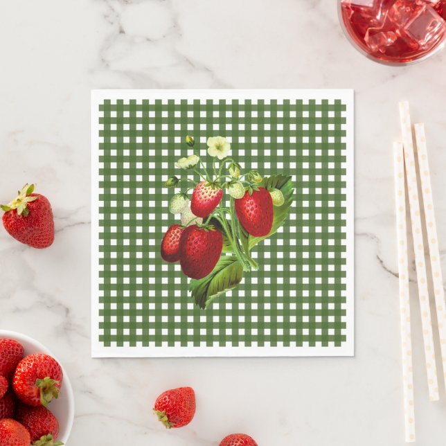 Grönt Gingham & Strawbär Luncheon Pappersservett (Insitu)