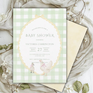 Grönt Gingham Vintage Ankor Baby Shower Inbjudningar