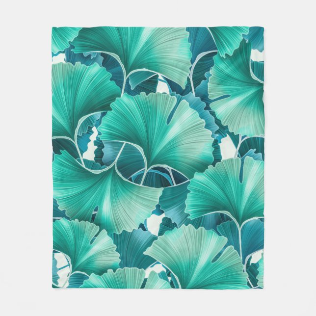 Grönt ginkgo biloba illustration mönster fleecefilt (Framsidan)