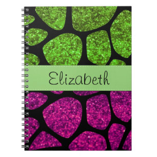 Grönt Giraffe, Rosa Giraffe, Glitter, ditt namn Anteckningsbok Med Spiral