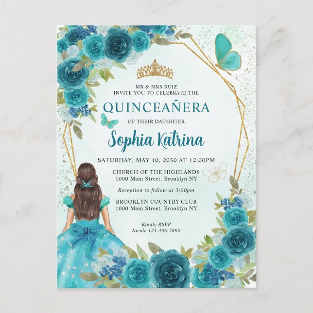 Grönt Glam Guld Blommigt Princess Quinceañera Inbjudan Vykort (Framsida)