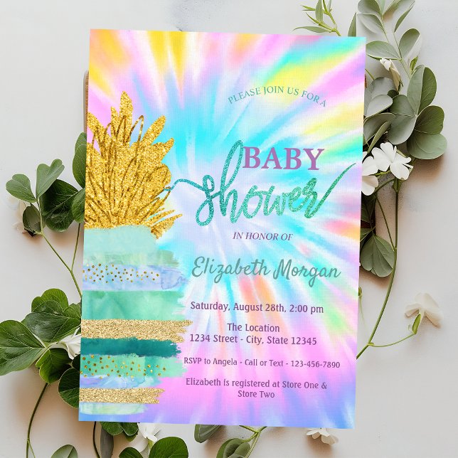 Grönt Glitter Ananas Tie Dye Baby Shower Inbjudningar (Skapare uppladdad)