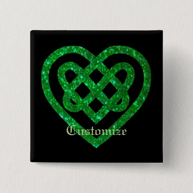 Grönt Glitter Celtic Heart Knot Square Butare Butt Knapp (Framsida)