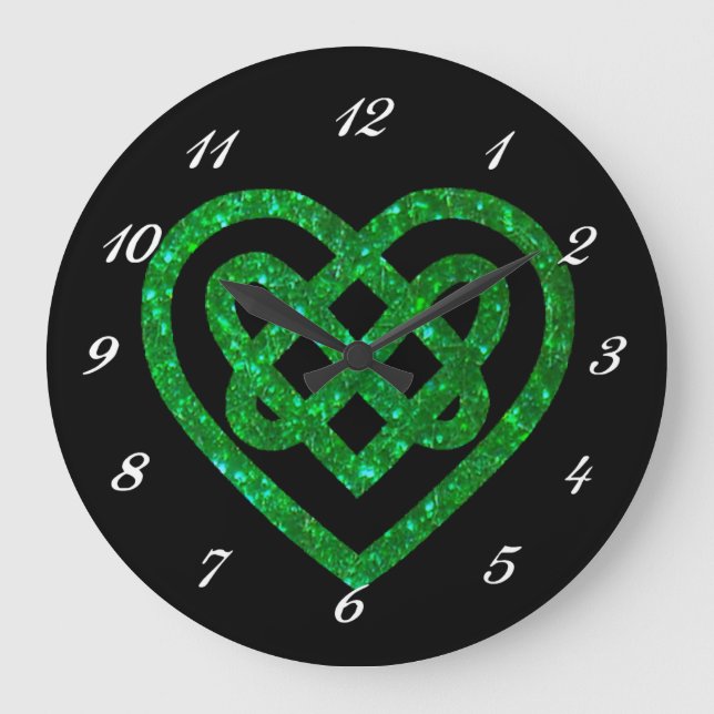 Grönt Glitter Celtic Heart Knot Wall Clock Stor Klocka (Framsida)