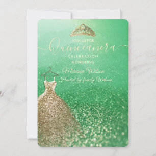 Grönt glitter chic Guld klänning tiara Quinceañera Inbjudningar