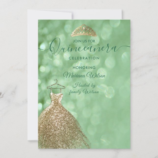 Grönt glitter chic Guld klänning tiara Quinceañera Inbjudningar (Framsida)