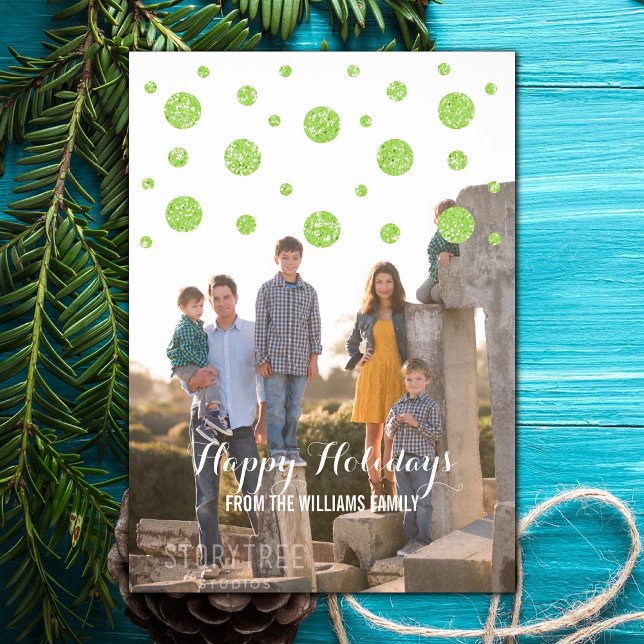 Grönt Glitter Confetti Helgdag-fotokort Julkort (Green Glitter Confetti Holiday Photo Card)