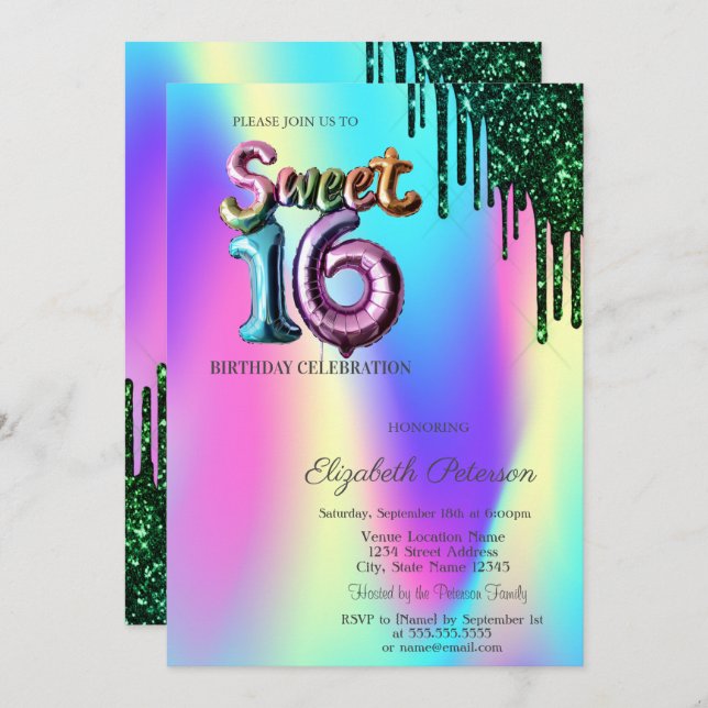 Grönt Glitter Drips Holografisk ballongen Sweet 16 Inbjudningar (Fram/baksida)