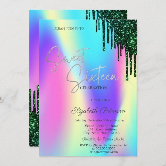 Grönt Glitter Drips Holografisk sötsak 16 Inbjudningar (Fram/baksida)