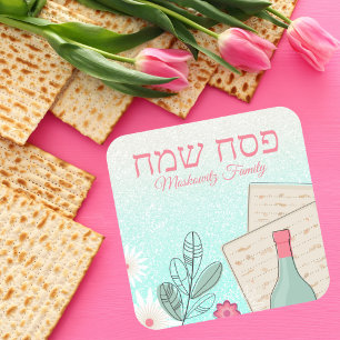 Grönt Glitter Flowers, Vin och Matzah Passover Fyrkantigt Klistermärke