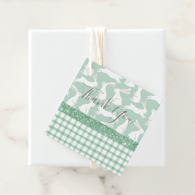 Grönt Glitter Gingham Play Rabbits Tack Gåvor Etiketter (På plats)
