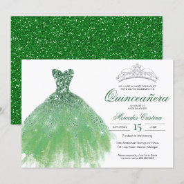 Grönt Glitter Glam Gown Quinceañera-inbjudan Inbjudningar