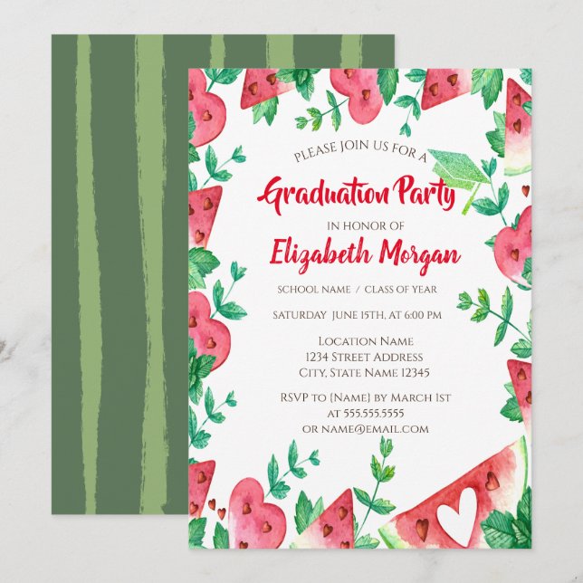 Grönt Glitter Grad Cap,Watermelon Studenten Inbjudningar (Fram/baksida)