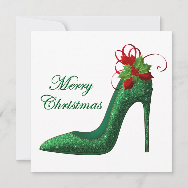 Grönt Glitter Heels julhälsningskort (Framsida)