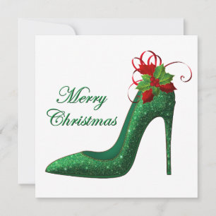 Grönt Glitter Heels julhälsningskort