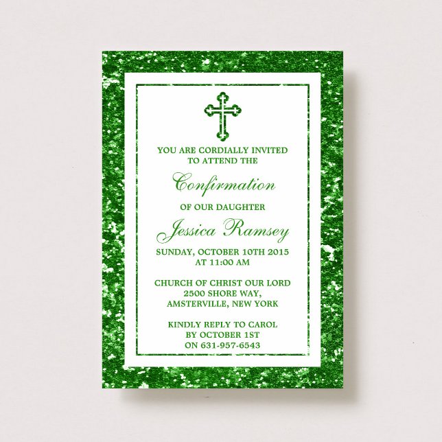 Grönt Glitter Heliga Communion/Bekräftelse Inbjudningar (Skapare uppladdad)