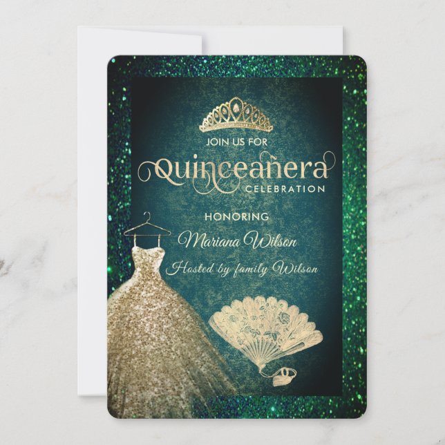 Grönt glitter klänning tiara fläkt Quinceañera in Inbjudningar (Framsida)