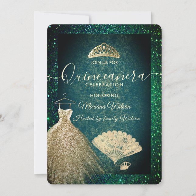 Grönt glitter klänning tiara fläkt Quinceañera Inbjudningar (Framsida)