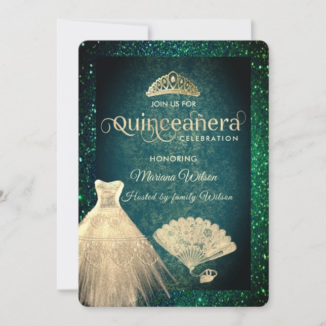 Grönt glitter klänning tiara fläkt Quinceañera Inbjudningar (Framsida)