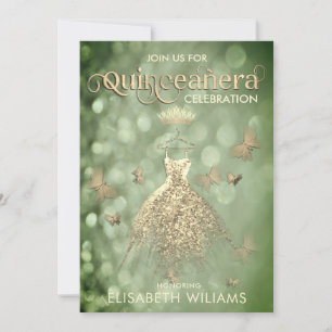Grönt glitter klänningsfjäril Quinceañera Inbjudningar