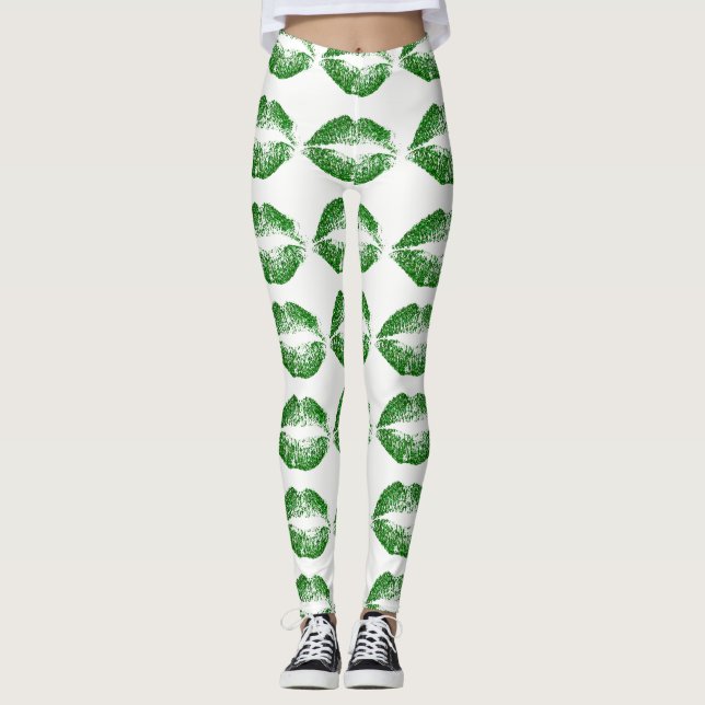 Grönt Glitter Läppar Leggings (Framsida)