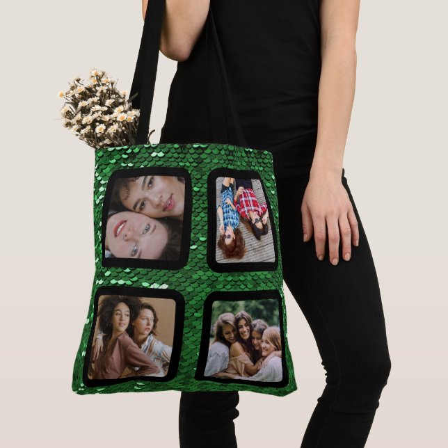 Grönt glitter Modern 4 Photo Collage BFF Tote Bag Tygkasse (Närbild)