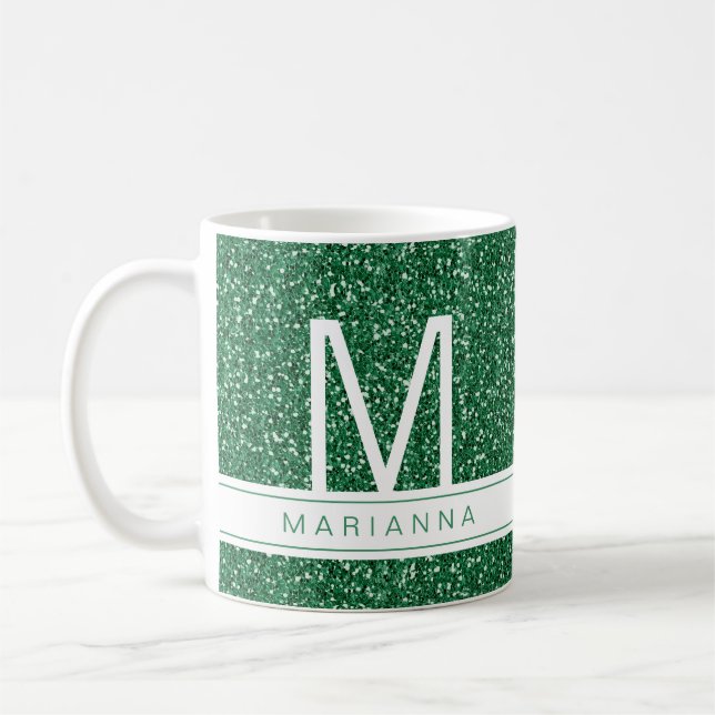 Grönt Glitter Monogram Anpassningsbar Initial Namn Kaffemugg (Vänster)