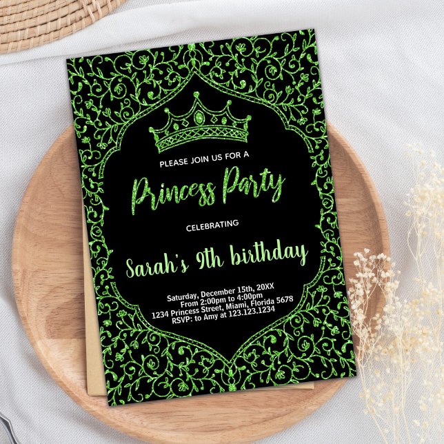 Grönt Glitter Princess Birthday bjudande Inbjudningar (Green Glitter Princess Birthday Invitations)
