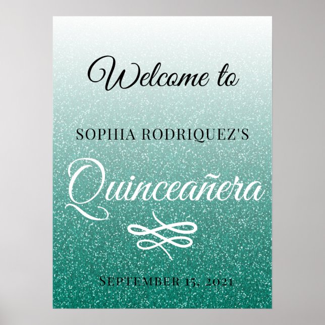 Grönt Glitter Quinceañera 15:e födelsedag Välkomme Poster (Framsidan)