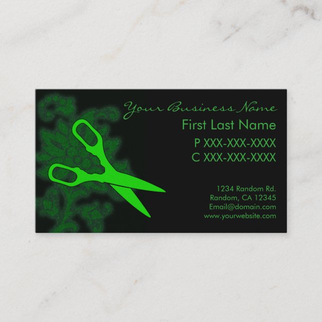 Grönt glitter snurra hårklippta affärskort visitkort (Framsida)