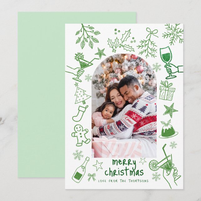 Grönt Glitter Teckning God jul Inbjudningar (Fram/baksida)