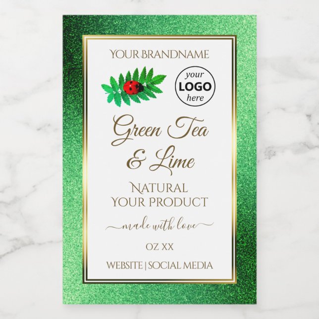 Grönt Glitter White Product Labels Ladybug Logotyp Mat Etikett (Singel etikett)