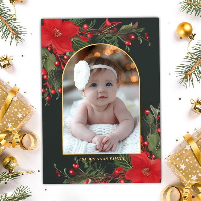 Grönt God jul 1 Photo Botanical Greenery Julkort (Green Merry Christmas 1 Photo Botanical Greenery Holiday Card)