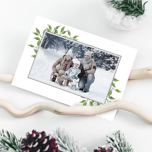 Grönt God jul botaniskt ett foto Helgkort (Christmas holiday greenery and foliage simple photo folding card. )