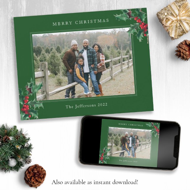 Grönt God jul Holly Photo Helgdag Card Julkort (Green Merry Christmas Holly Photo Holiday Card)