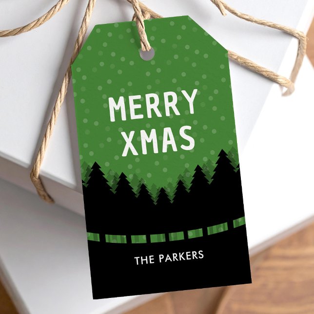 Grönt God jul med gräs träd och snö Presentetikett (Skapare uppladdad)