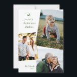 Grönt God jul Önskemål tre foto-kort Julkort<br><div class="desc">Den här klassiska grönten och det vita julkortet får modern behandling med en enkel och festlig holly-grafik och tre av dina favoritfoton i en chic,  överlappande layout. Lägg till text eller fler foton i den muntersta baksidan för att få ett meddelande om jublande anpassningsbar.</div>