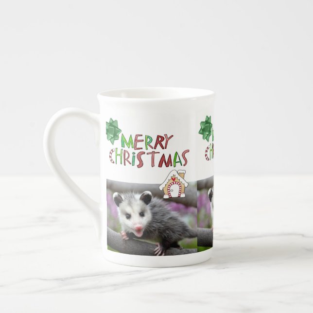 Grönt God jul Opossum Benporslin Mugg (Vänster)