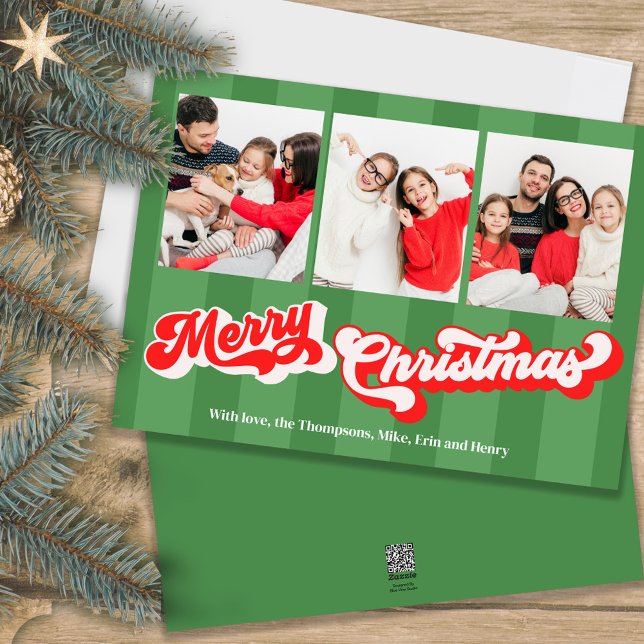 Grönt God jul Photo Collage Julkort (A retro vintage style holiday Christmas photo card template)