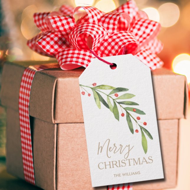 Grönt God Jul Presentetikett (Greenery branch and berries Merry Christmas gift/favor tags personalized with your names)