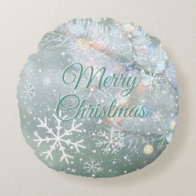 Grönt God jul Snöflingor Rund Kudde (Framsidan)